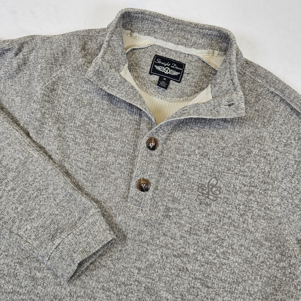 Straight Down Mens Medium Gray Heather 1/4 Button Mock Neck Pullover Sweater